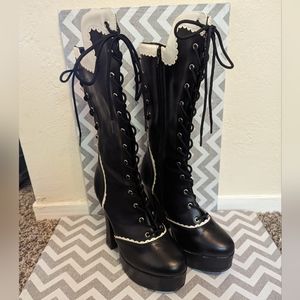 Bordello Courtess-1025 5 inch Chunky Heel Platform Lace Up Mid Calf Boot Women's